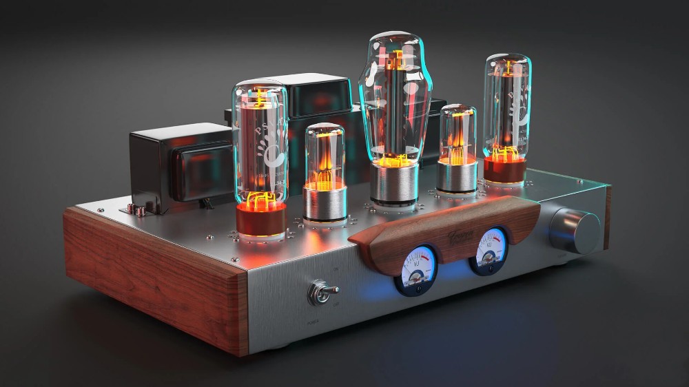 Glowing vacuum tube hi-fi amplifier with walnut wood panels, silver chassis, dual VU meters, and multiple lit tubes.
