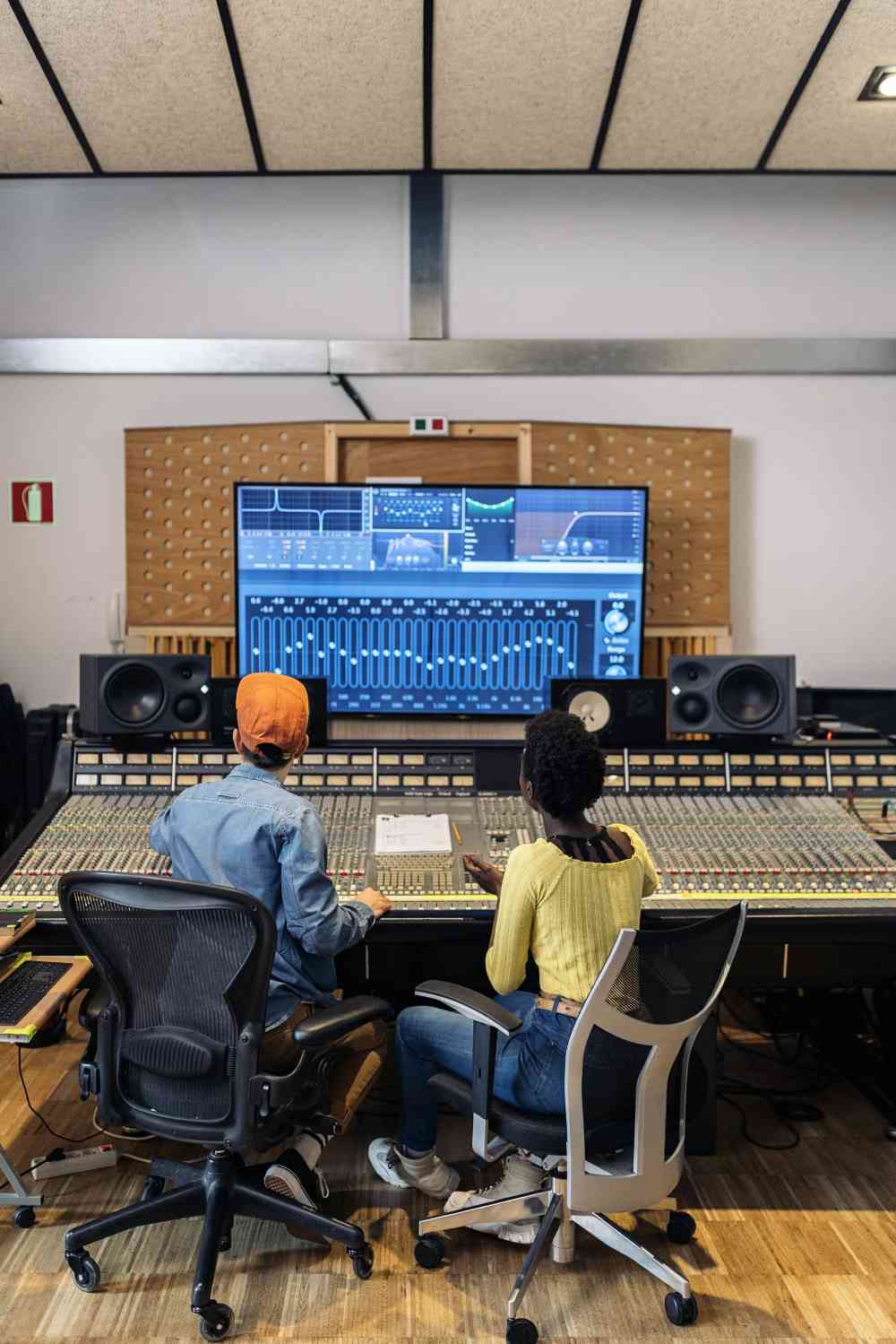 Two producers at a large analog mixing console in a professional recording studio with a DAW displayed on a big screen